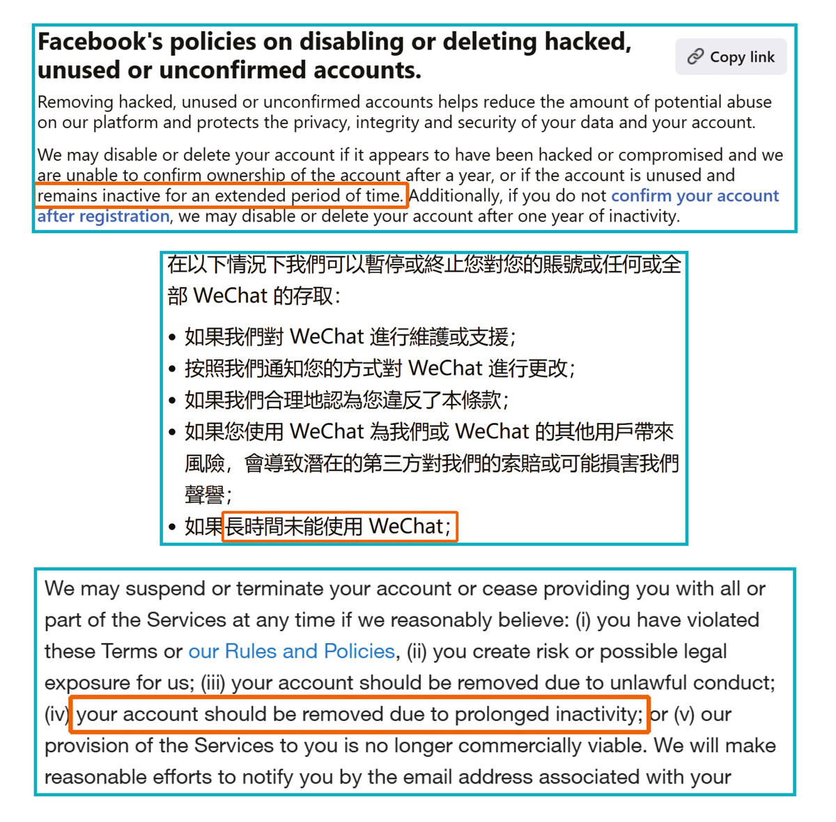 「Facebook」(#2)、「WeChat」(#6)、「X」(#8)均未有具体描述帐户闲置期的长短,或不利消费者获取所需资讯。