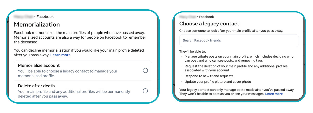 「Facebook」(#2)允许用户预先选择帐户会被纪念抑或删除,同时可指派一名亲友作为帐户代理人。